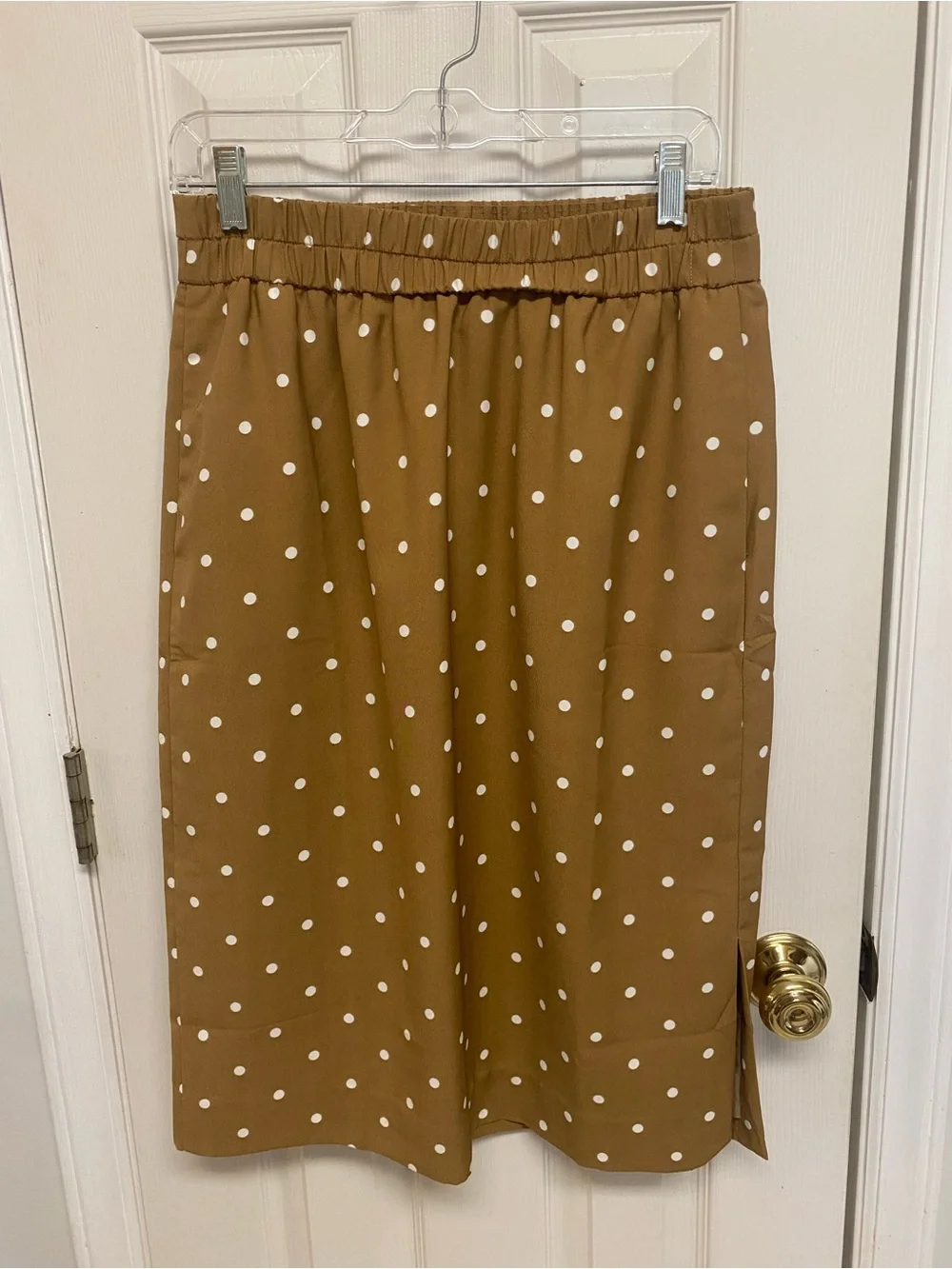 J. Crew Camel Midi Skirt with White Polka Dots - Picture 2 of 7